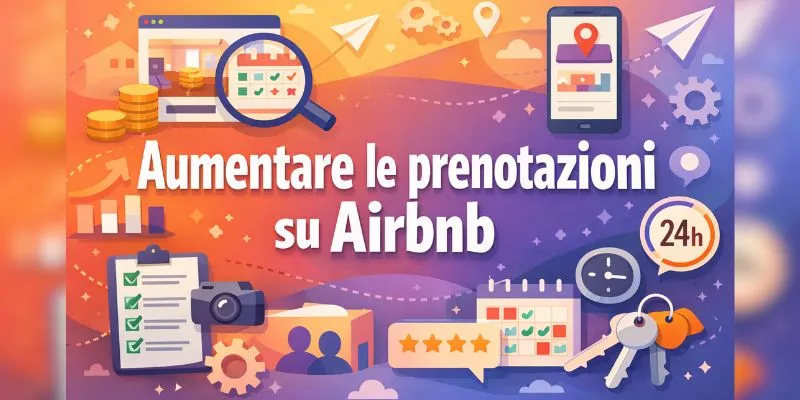 Copertina della guida per aumentare le prenotazioni su Airbnb con grande titolo centrale, icone di calendario, recensioni a 5 stelle, smartphone e chiavi di casa