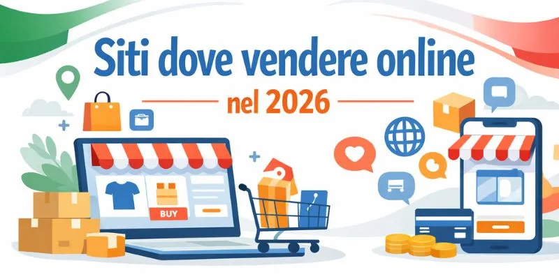 Siti dove vendere online nel 2026 in Italia, illustrazione con laptop e smartphone che mostrano negozi e-commerce